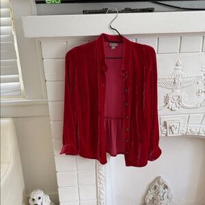 Red Velvet Button-Front Blouse